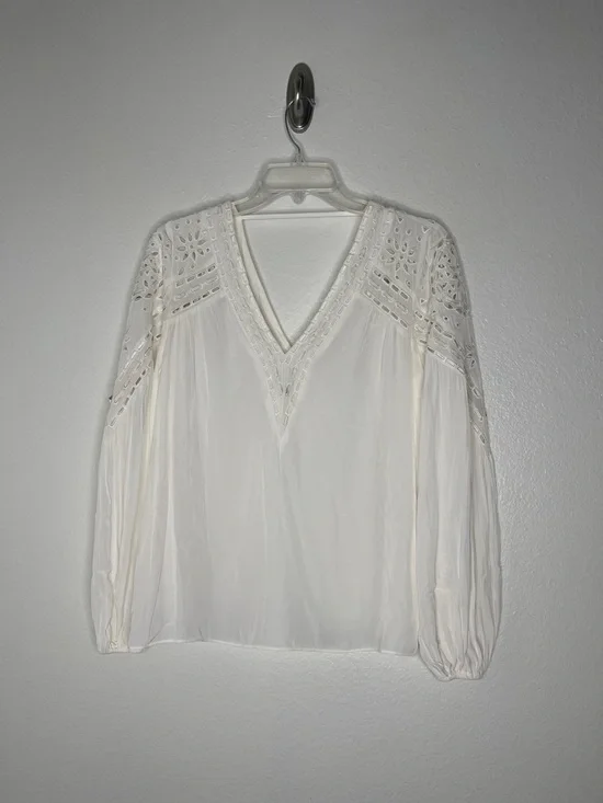 Ramy Brook Komi Eyelet Elegant Long Sleeve V Neck White Top Size Small - Picture 2 of 7